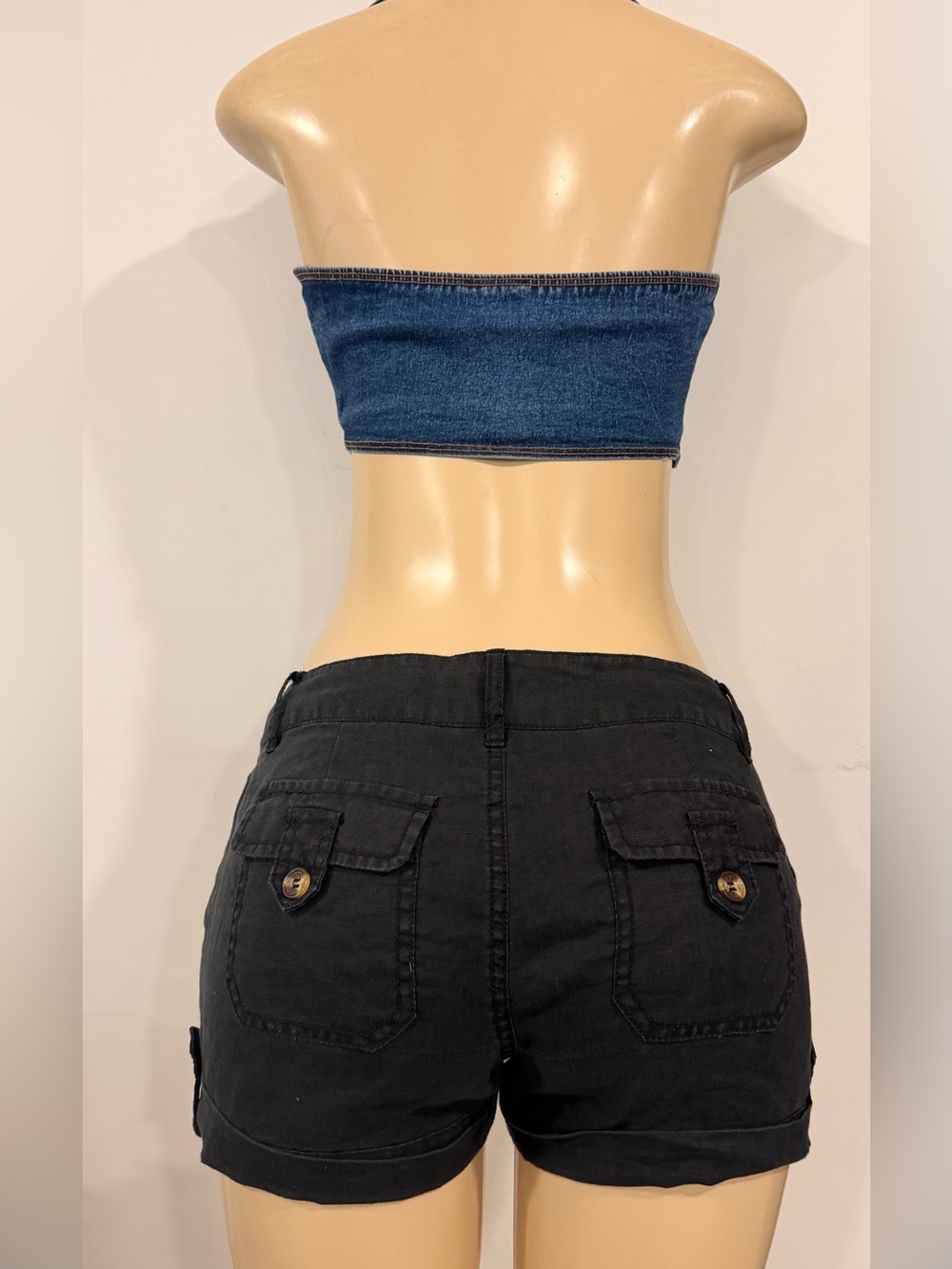 Dark Blue Denim Tie-Front Crop Top with Collar - Picture 5 of 5